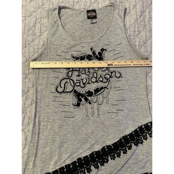 Harley Davidson Rhinestone Lace Hem Tank Top Womens Large Gray Tiered Biker Chic - Picture 6 of 10